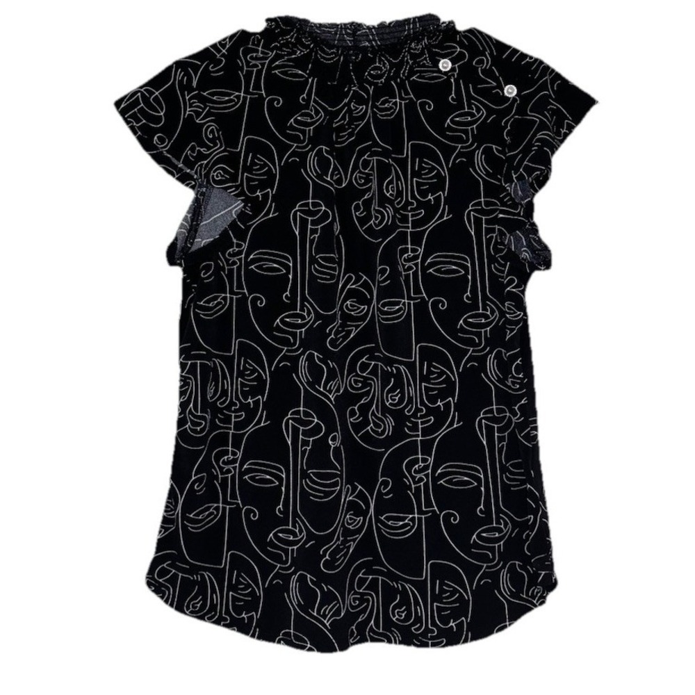 Adrienne Vittadini Black White Abstract Face Line Art Top Blouse Smock Neck M